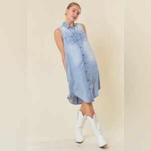 Sleeveless Denim Knee-Length Shirt Dress